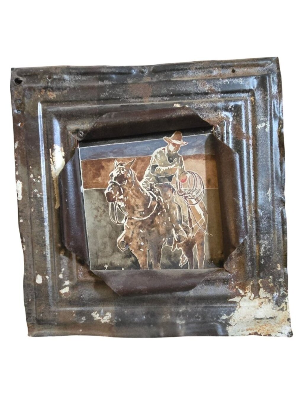 Rustic Western Cowboy Metal Wall Art Distressed Tin Celling Tile Frame Vintage
